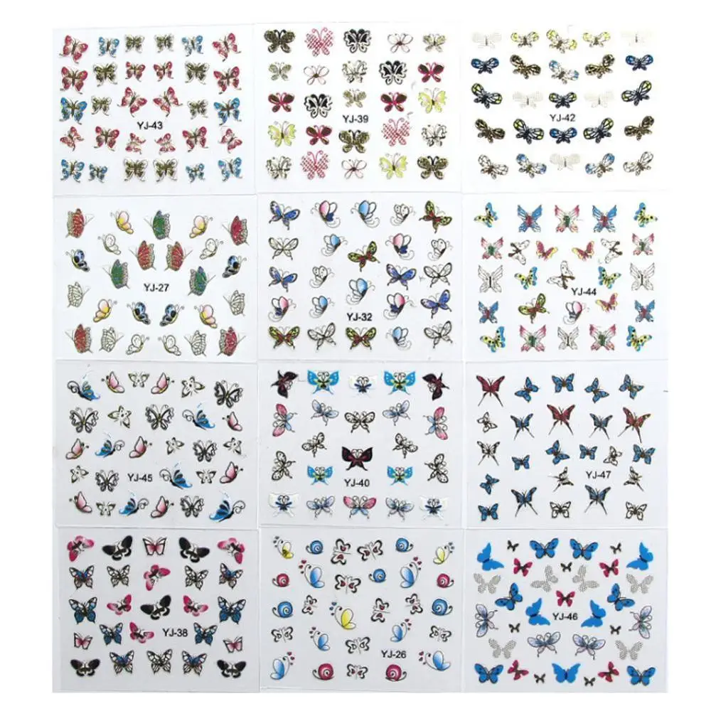 24 листа красочные дизайны наклейки для ногтей водяные знаки DIY бабочки Красочные