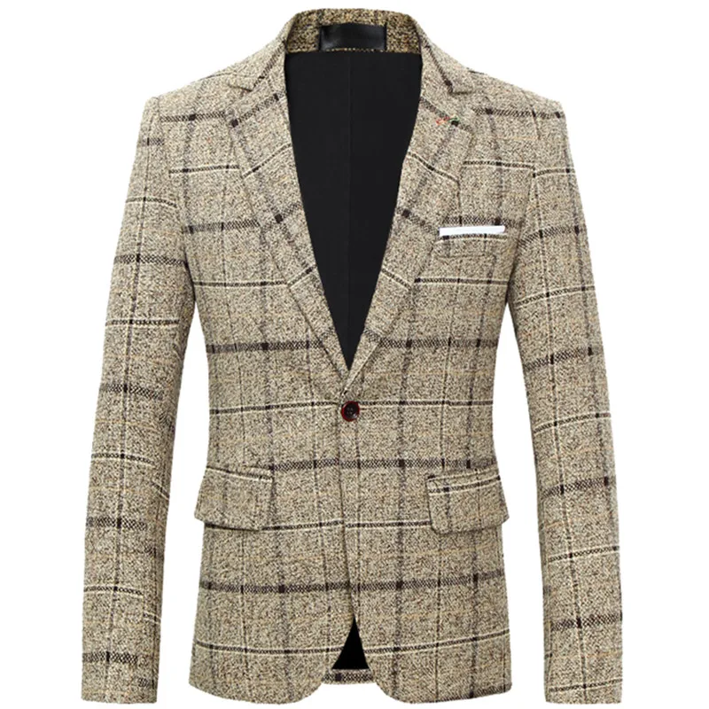 

2021 nova moda masculina casual boutique terno de lã/masculino negócios xadrez magro ajuste vestido de festa blazer casaco