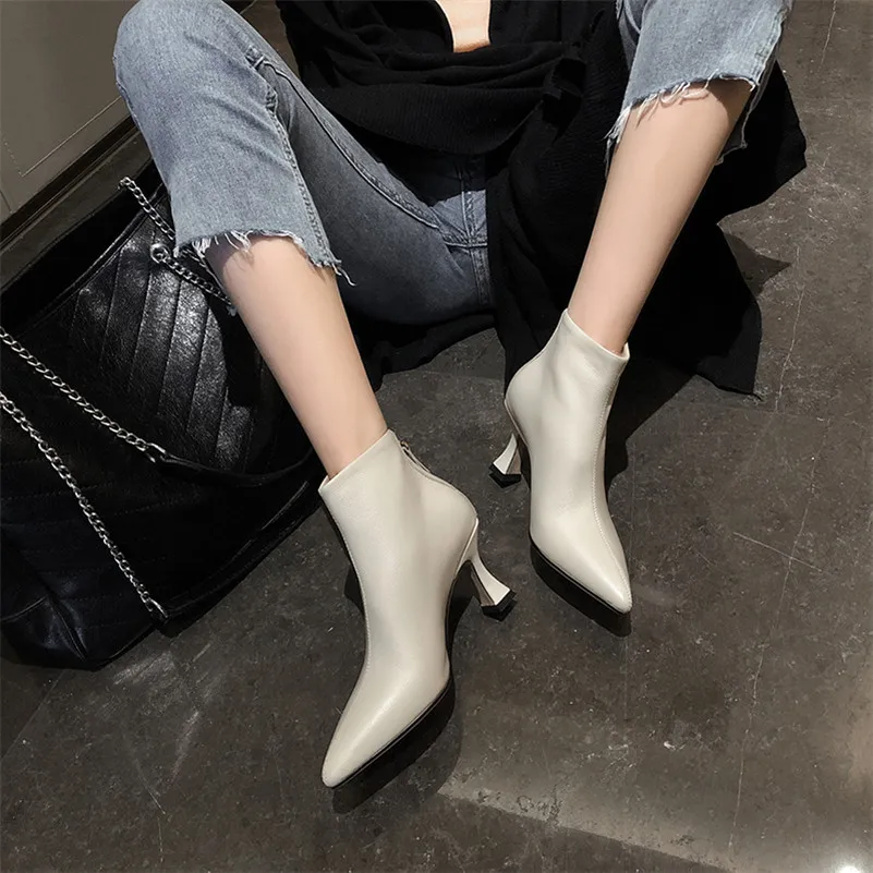 

ANNYMOLI Women Short Boots Shoes Real Leather High Heel Ankle Boots Pointed Toe Thin Heels Zipper Female Boots Autumn Winter 43