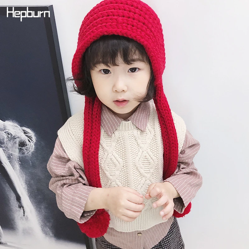 Хепберн бренд пушистый помпон шапка ручной грубой вязки Детские шапки Дети
