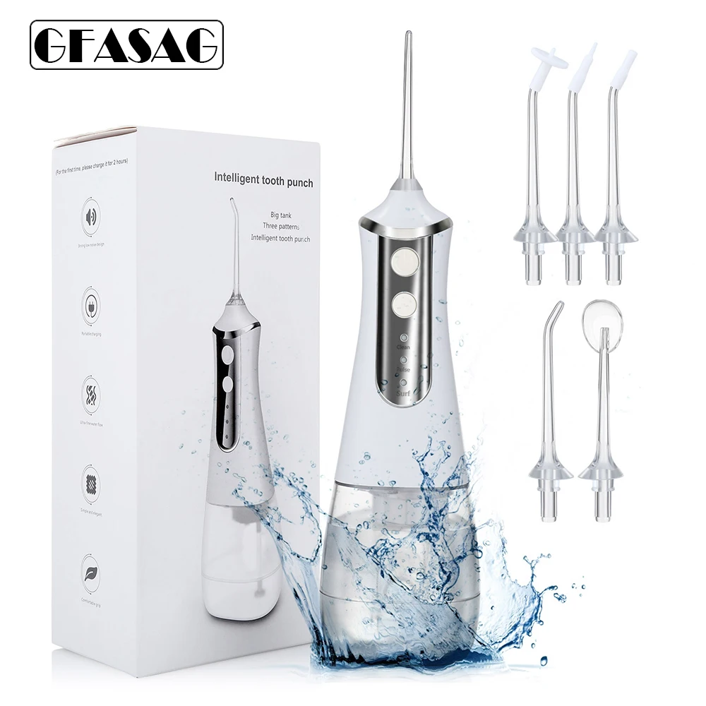 GFASAG Oral Irrigator USB Rechargeable Water Floss Portable Dental Irrigator Flosser IPX6 waterproof Teeth Cleaner+5 Nozzle
