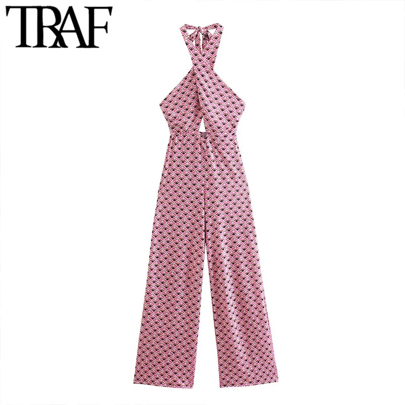 

TRAF Women Fashion With Bow Tied Geometry Print Jumpsuits Vintage Sleeveless Backless Female Playsuits Mujer