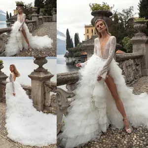2020 Wedding Dresses Long Sleeves High Slit Tiered A-Line Bridal Gowns Open Back Beach Wedding Dress vestido de novia