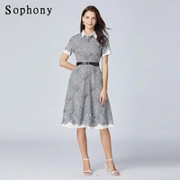 sophony runway houndstooth printed mid length lace up belt shirt dress 2021 summer women short sleeve elegant midi dress s66028