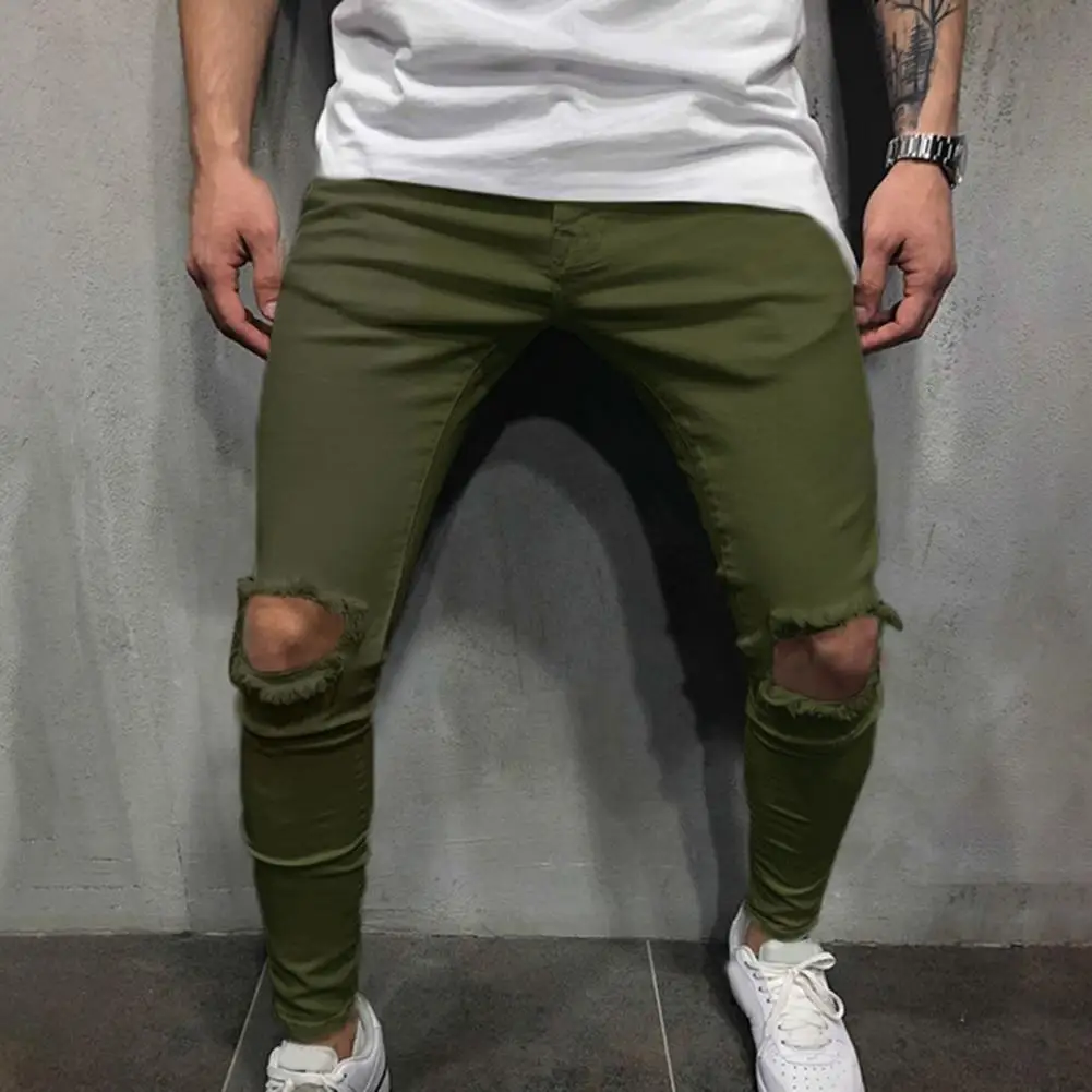 

Брюки мужские дышащие рваные, плотные однотонные, приталенные, повседневные, повседневная одежда, стильные, на весну