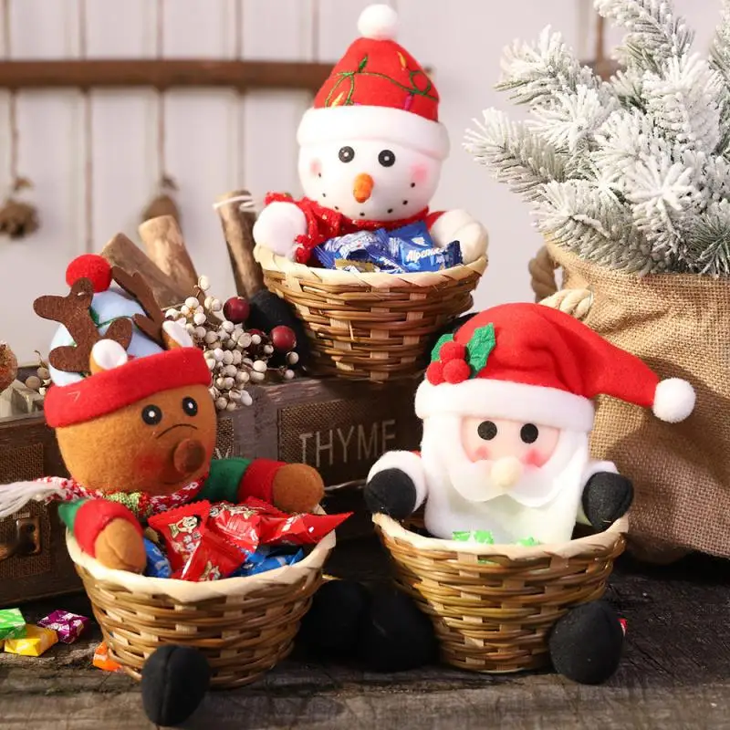 

Christmas Hand-woven Candy Wicker Basket Gift Packaging Box Cute Cartoon Santa Claus Fruit Basket Snowman Elk Doll Xmas Decor