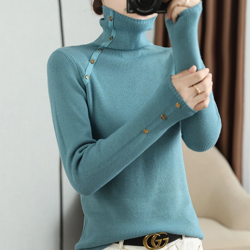 

Otoño e invierno nuevo suéter de cachemira de cuello alto jersey de mujer suéter corto de manga larga de punto camisa de fondo