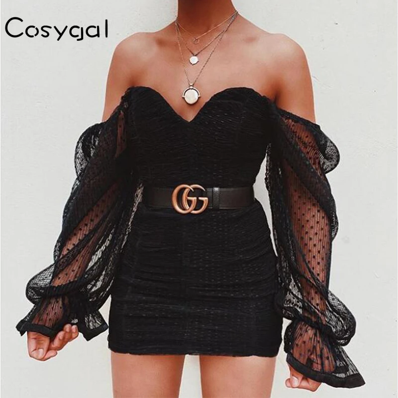 Женское шифоновое платье с открытыми плечами COSYGAL кружевное мини рюшами и
