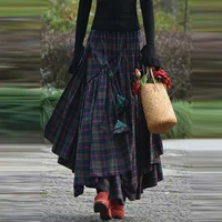 fashion women loose plaid print fringe irregular waiste skirt high waist pleated long skirt women vintage gothic plus size