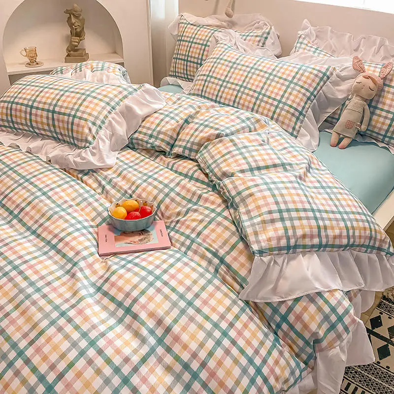 

Grid Bedding Set for Girls Queen/King Size Bed Set with Ruffle Simple Style Duvet Cover Bed Sheet Set for Home Single Bedclothes