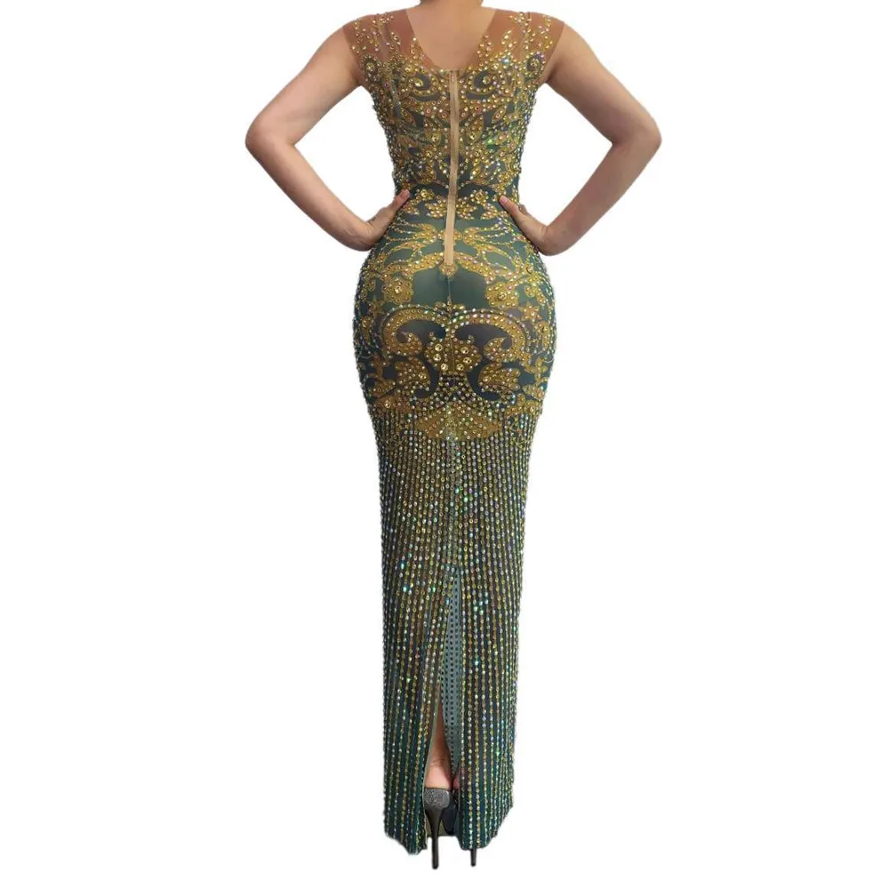 

Vintage Style Women's Slim Sleeveless Slit Banquet Prom Evening Gown Rhinestone Flower Pattern Women's Singer Stage Costumes