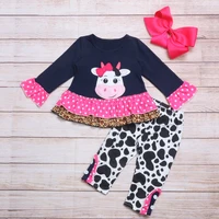 autumn girls clothes navy blue long sleeve skirt and cow pattern print trousers pink bow cow head embroidery girl outfits
