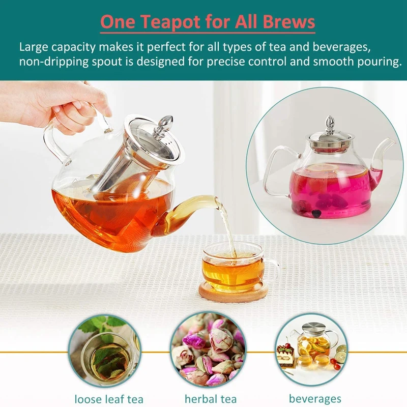 

Glass Heat-Resistant Teapot Coffee Kettle with Stainless Steel Infuser Tea Oolong Espresso Spout Pot Stovetop 34Oz