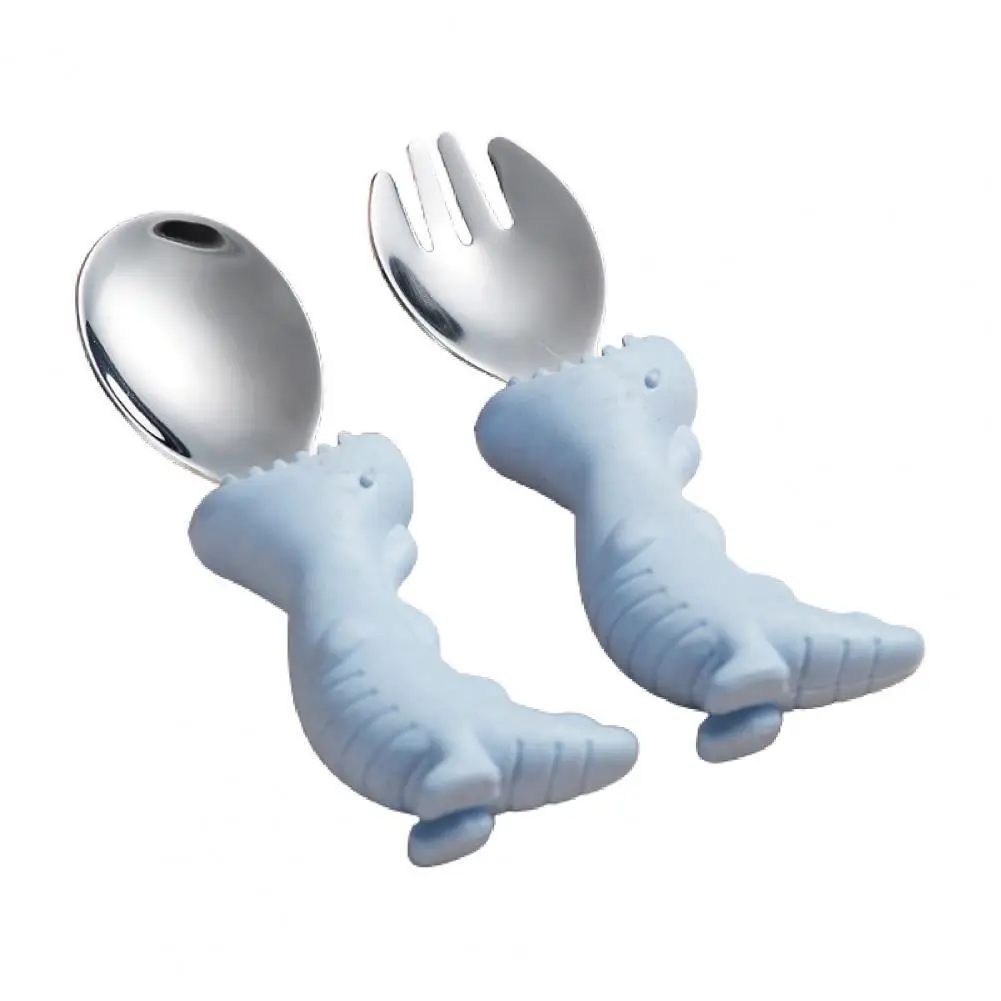 

2Pcs/Set Infant Tableware Cartoon Dinosaur Portable Stainless Steel Baby Feeding Spoon Fork Set Home Use