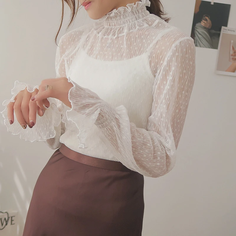 

2020 New Transparent Korean Loose Women Lace Blouse 3 Colors Female Bottoming Blouses Plus Size Cheaper Tops