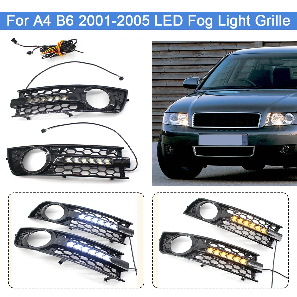 

2PCS Front Fog Light Grille Flowing LED DRL Daytime Running Turn Signal Lamp Mesh Cover For A4 B6 2001-2005 8E0807681 8E0807682