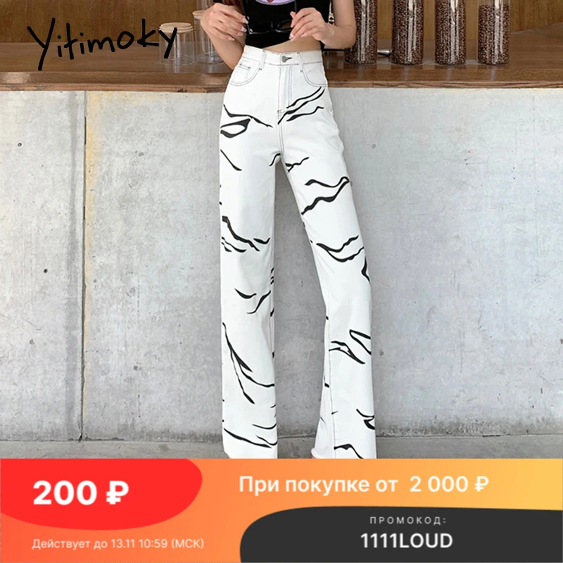 

Yitimoky New Zebra Stripes Jeans Women High Waist Wide Leg Denim Pants 2021 Fashion Clothes Female Baggy Bottom Straight Trouser