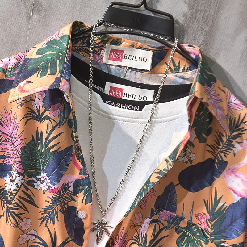 

Beiluo Hawaiian Flower shirt men's fashion casual loose net red 5 / 5 sleeve floral short sleeve fashion
