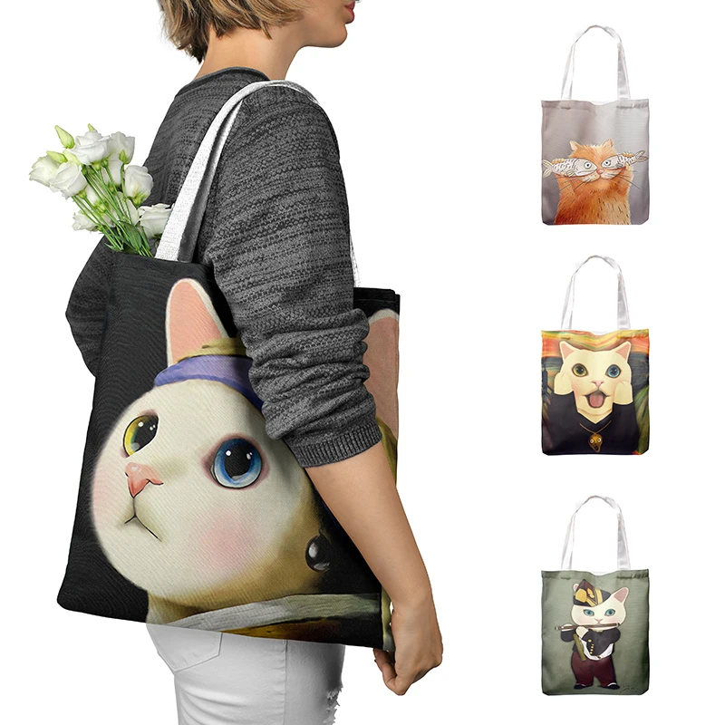 

New 3D Printing Cat Animal Women Canvas Bag Spoof Oil Painting Retro Tote Bag Travel Leisure Girl Shoulder Bag ECO Shopping Bag