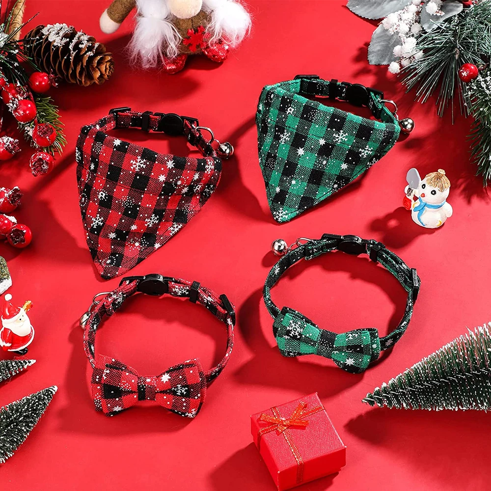 

Christmas Pet Cat Collar Cat Bow Tie Bow Tie Adjustable Triangle Scarf Set with Bell Classic Plaid Snowflake Collar Saliva Towel
