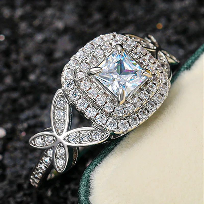 

Bridal Wedding Rings Silver Color Big Square Zircon Butterfly Ring Unique Novel Design Luxury Bright Banquet Rings for Women