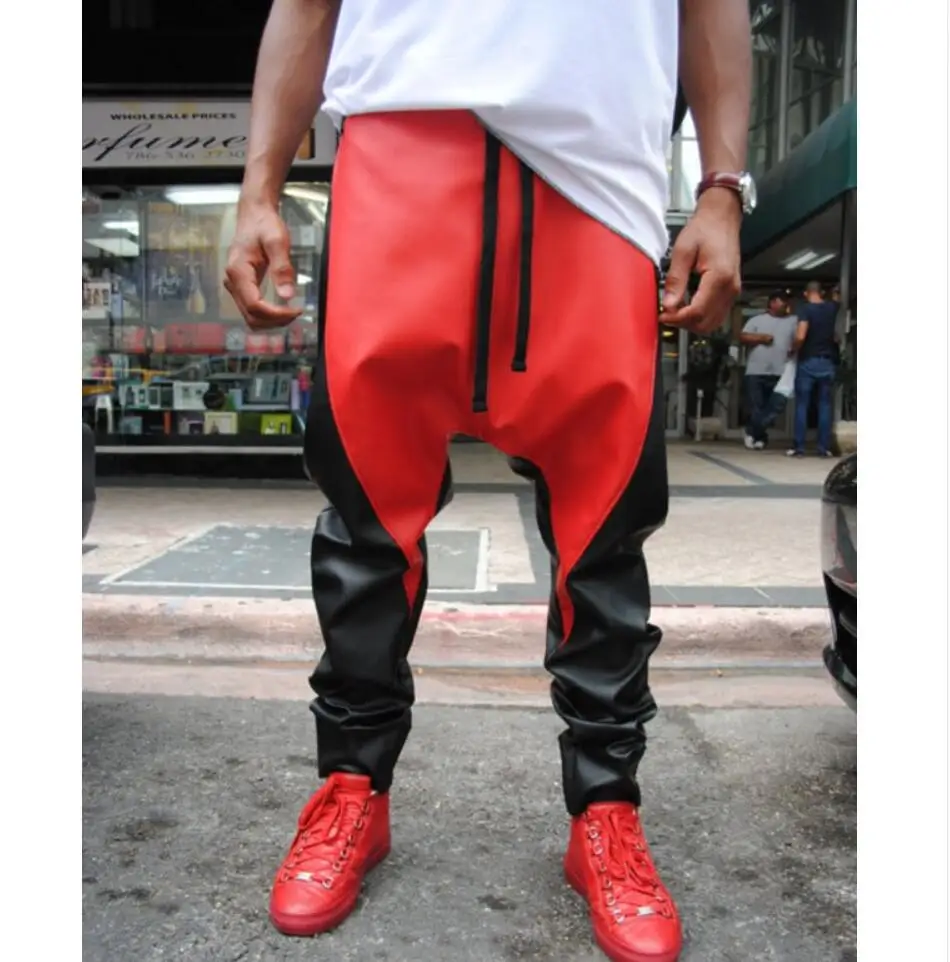 27-46  New 2022 Men's Clohting Fashion Hiphop Color Block Strap Casual Harem Pants Leather Trousers Plus Size Costumes