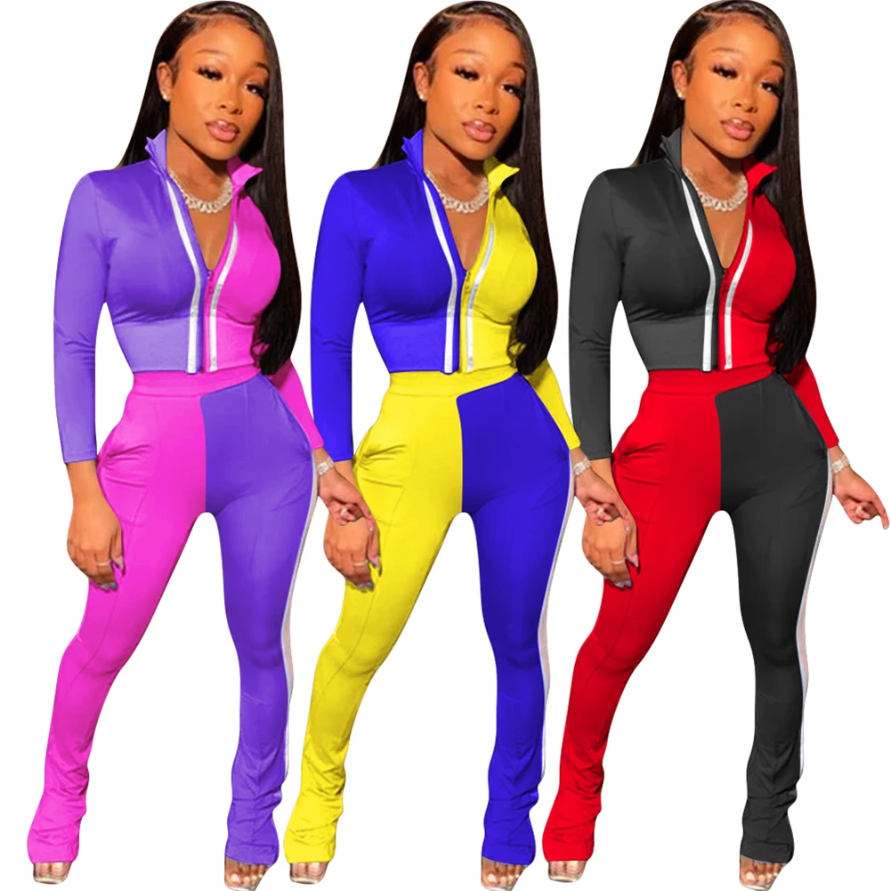

2020 Ladies Casual Solid Color Tracksuit Long Sleeve Tops Elastic Waist Pants Outfit Women Two Pieces Bodycon Tracksuits Outfits