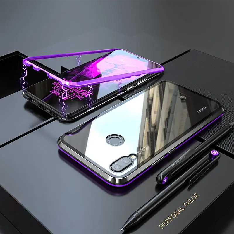 Black Purple Роскошный Магнитный чехол для huawei P20 Pro Чехол P20Lite Nova3 Nova3i телефон магниты стеклянная крышка huawei P20 Lite чехол P20Pro P 20 - Цвет: Black Purple