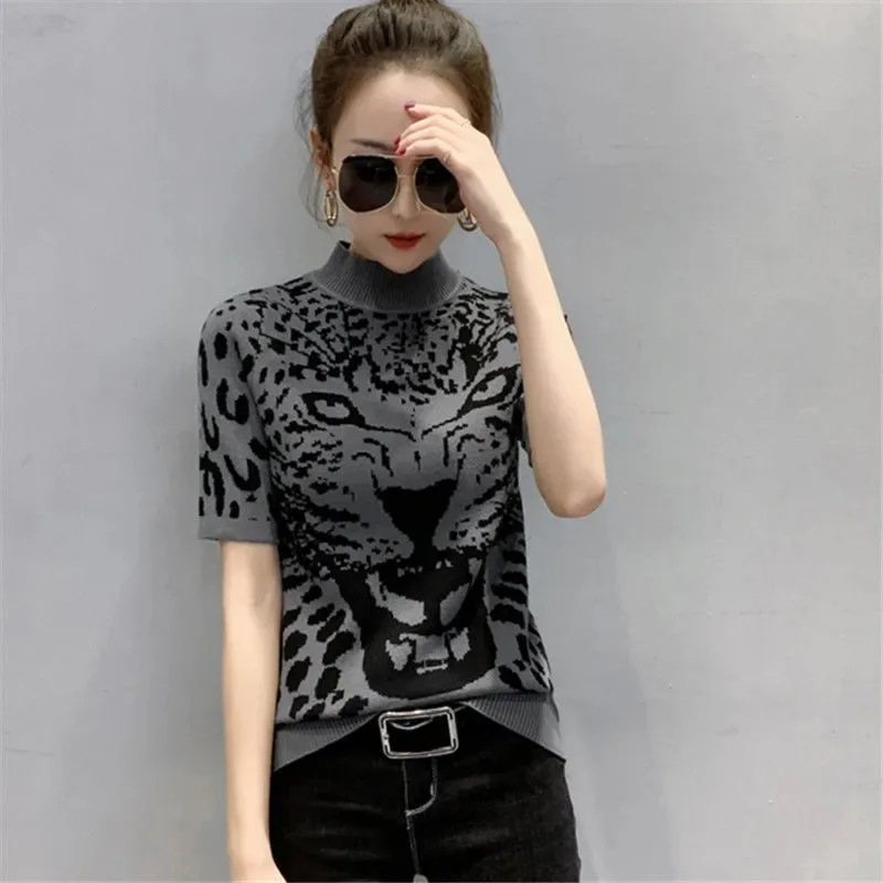 

Half-High Neck Knitted Women's Short-Sleeved 2021 Summer New Fashion All-Match Hedging Half-Sleeved Bottoming T-Shirt