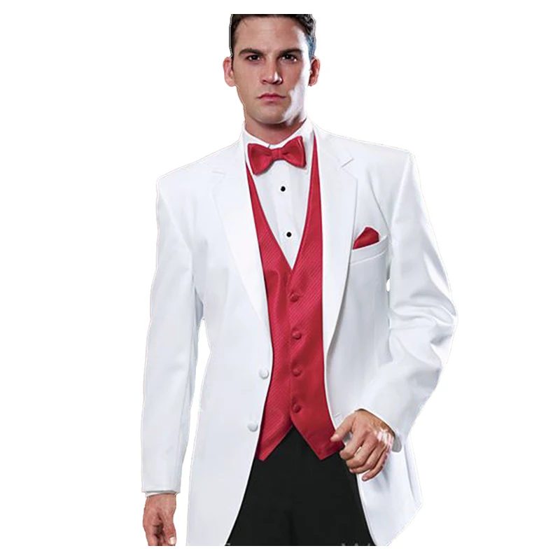 

Custom Made Groom Tuxedo, Bespoke Notch Lapel White Suits with Red Vest, Tailor Made Wedding Suits for men