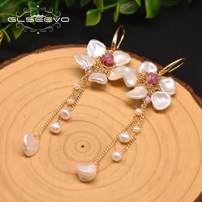 

GLSEEVO Natural Fresh Water Baroque Pearl Flower Dangle Earring Long Tassel Drop Earrings For Women Jewelry GE0485