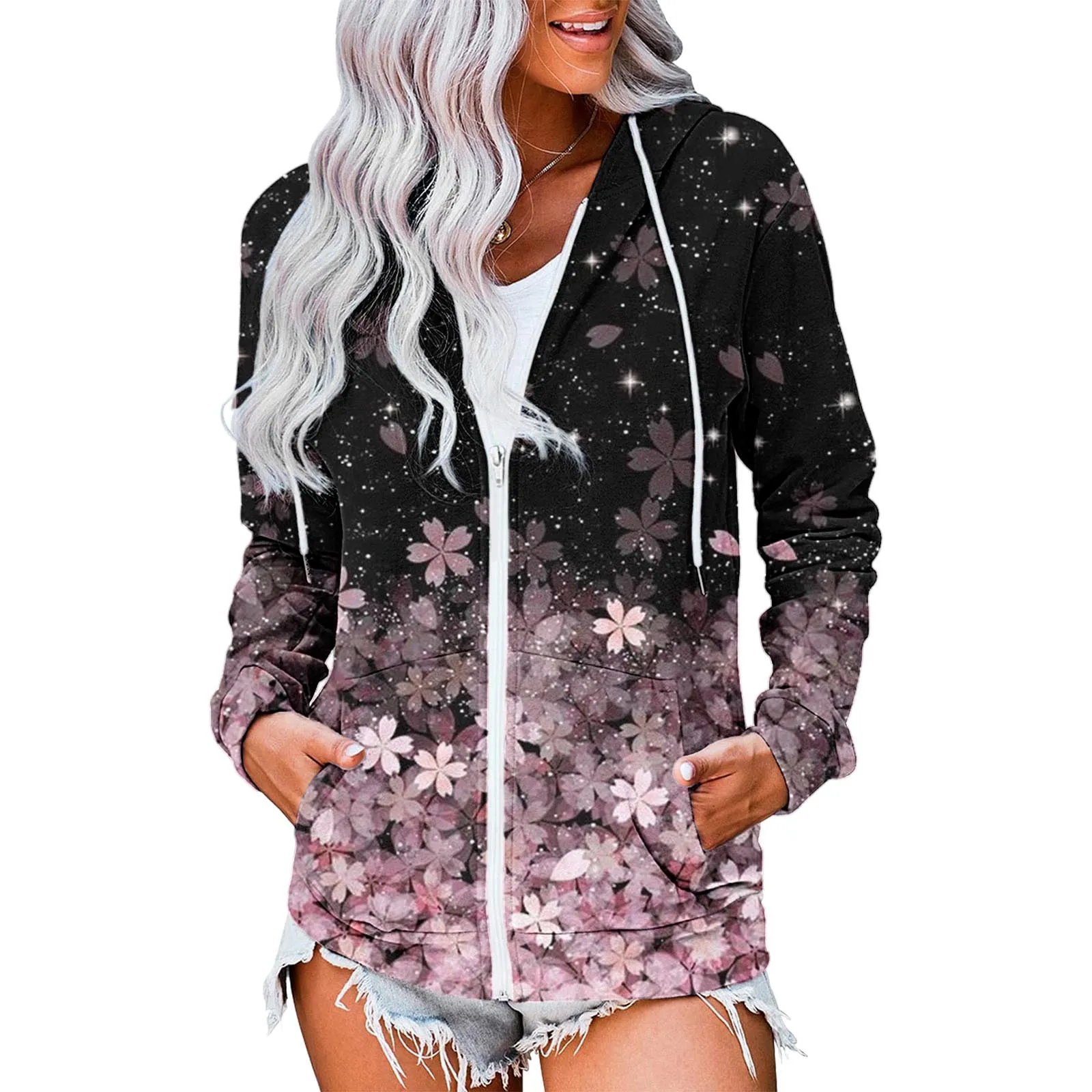 

Women’s Casual Long Sleeve Zipper Cardigan Fashion Printing Loose Hooded Sweatshirt with Pockets