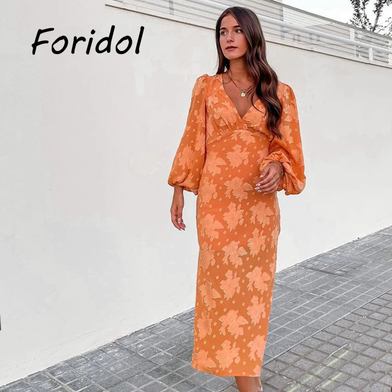 

Elegant Long Sleeve Midi Dress Robe for Women Clothing V Neck Maxi Boho Beach Dress Lady Long Vestido Maxi Feminino Autumn