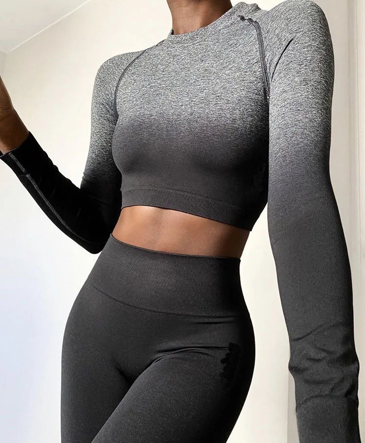 

2020 New Seamless 2-Piece Sports Women's Yoga Wear Gradient Long Sleeve High Waist Hip Yoga Pants Fitness Leggings Exercise Gym