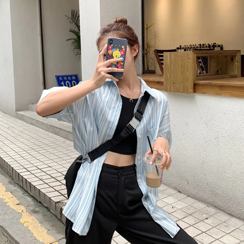 Рубашка женская в синюю полоску повседневная простая тонкая блуза с коротким