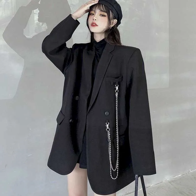 

Dark Black Retro Loose And Thin Fried Street Suit Jacket Women 2021 Spring And Autumn Loose A New Suit Jacket Women's Trendy