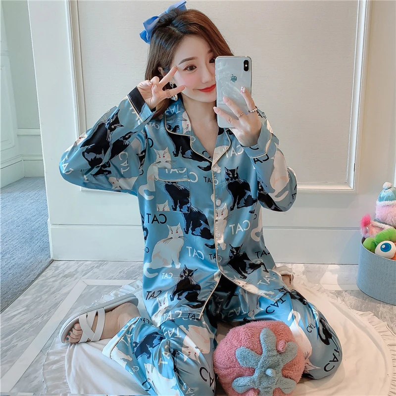 Пижама женская с длинным рукавом и v образным вырезом|Комплекты пижам| |