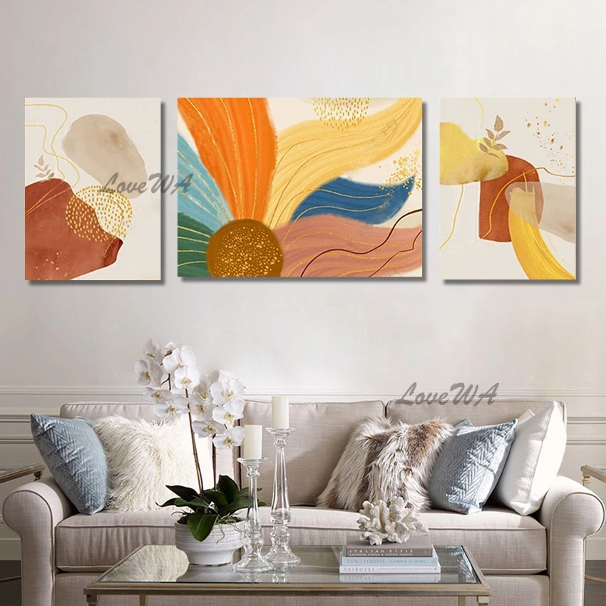 

3 Panel Canvas Wall Art Warm-Toned Modern Handmade Color Abstract Painting Picture For Living Room Home Decor Canvas Framless