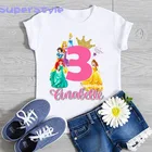 2022 футболка для девочек на день рождения с именем, Детские рубашки для девочек, детская белая футболка с короткими рукавами и мультяшными принцессами C061