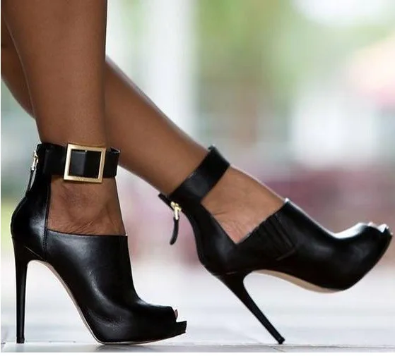 

Женские ботинки на тонком каблуке, с пряжкой, с открытым носком, босоножки на высоком металлическом каблуке