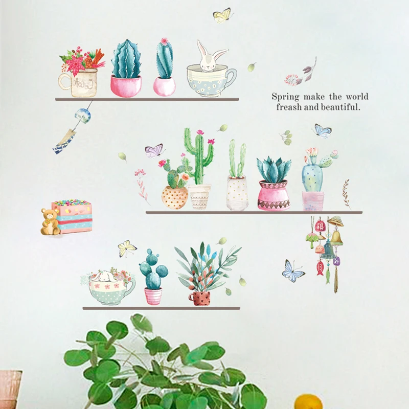 

Bonsai Cactus Flowers Butterfly Wall Stickers For Home Decor Living Room PVC Wall Decals DIY Mural Art Decoration Accessories