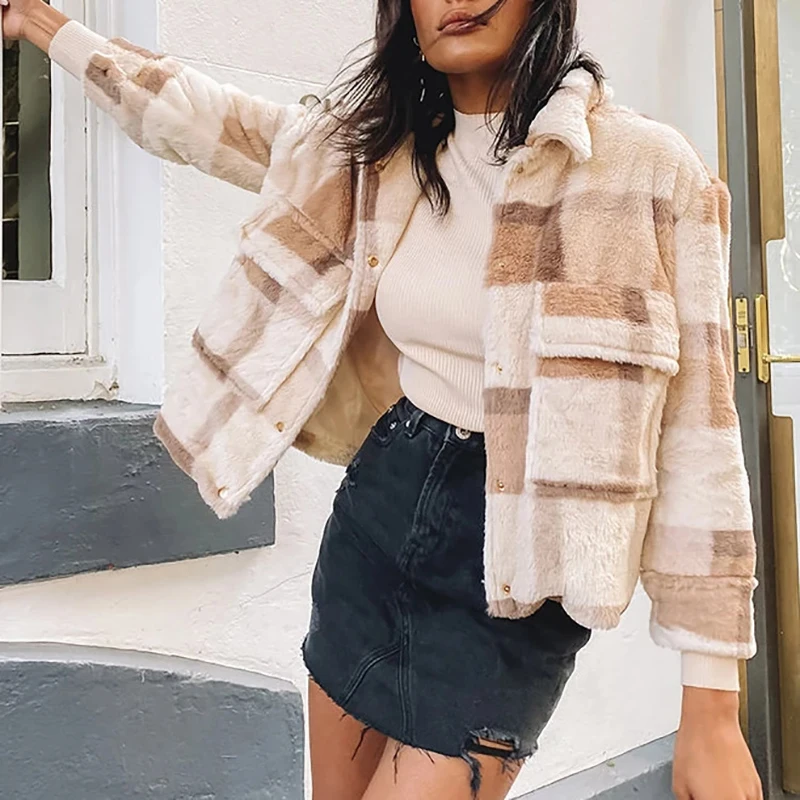 

Women Office Ladies Winter Warm Streetwear Long Sleeve Plaid Fleece Coat Elegant Thicken Fashion Fur Female Parkas Female Jacket