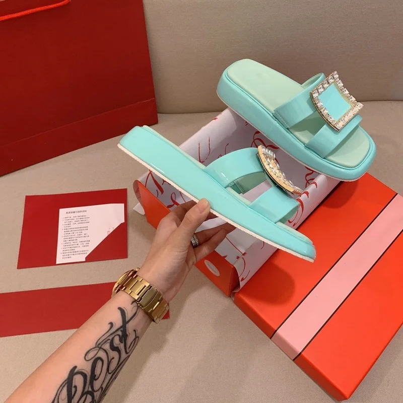 

2021 Summer Rhinestone Square Buckle Open Toe Thick Bottom Beach Sandals Casual Flat Square Toe Women's Sandals