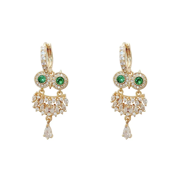 

New simple fashion emerald owl earrings feminine Zircon drop earrings exaggerated personality micro-set earrings