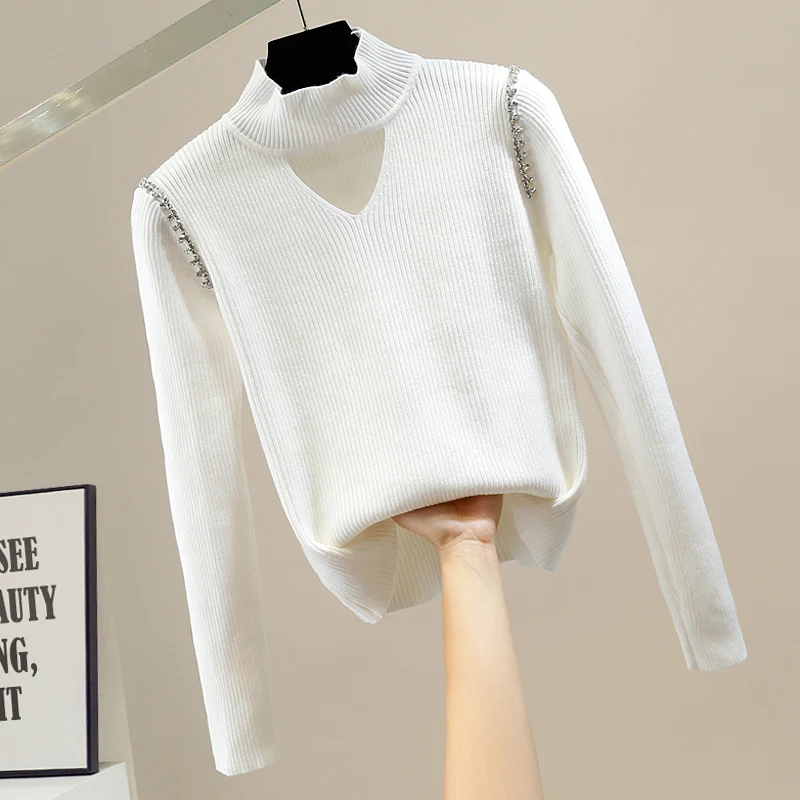

2021 Winter Street Sweaters Rhinestone Hollow-out High Neck Short Knitwear Women's Pure Color All-Matching Elegant Sweater Top