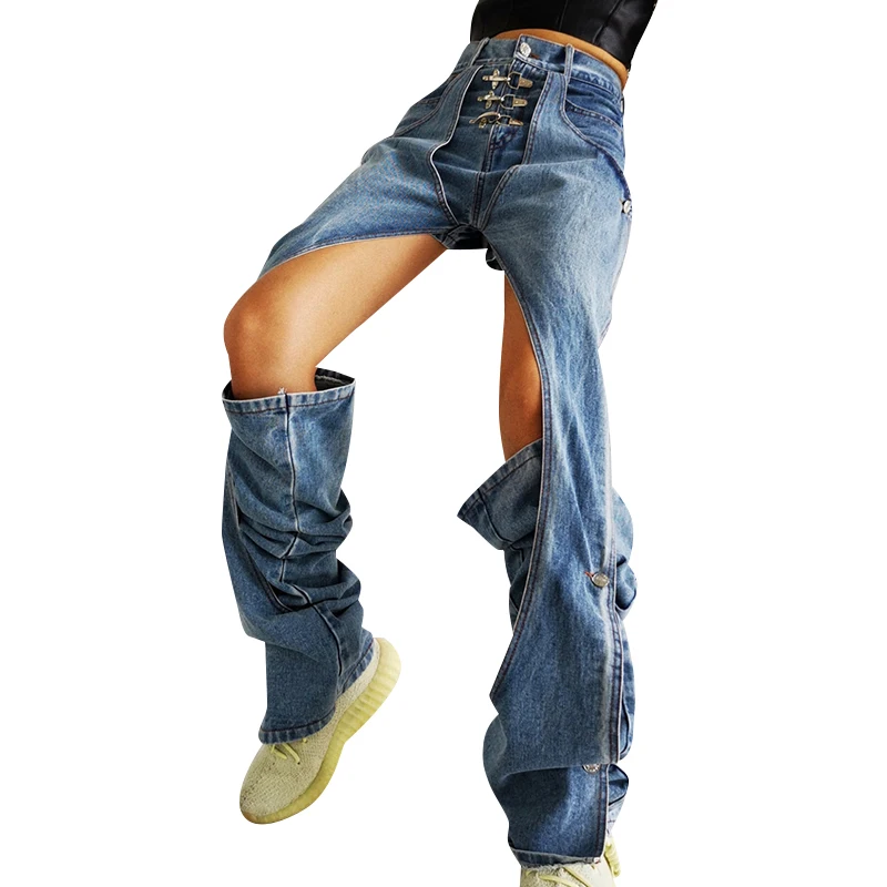 

DEAT 2021 new spring and summer fashion women clothes high waist two pieces washted blue denim jeans female pants WR14505L