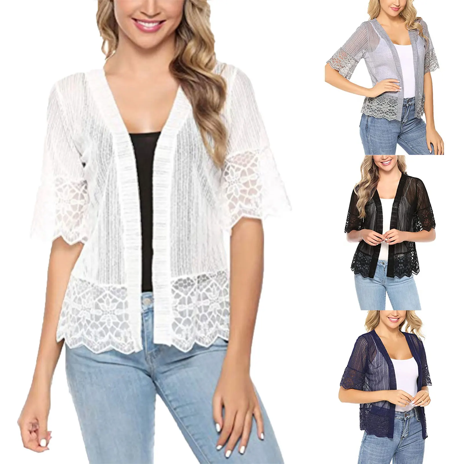 

2021 Summer Autumn Women's Open Front Shrug Lady Short Sleeve Solid Color Lace Patchwork Sheer Bolero Cover Up Capes Ponchos