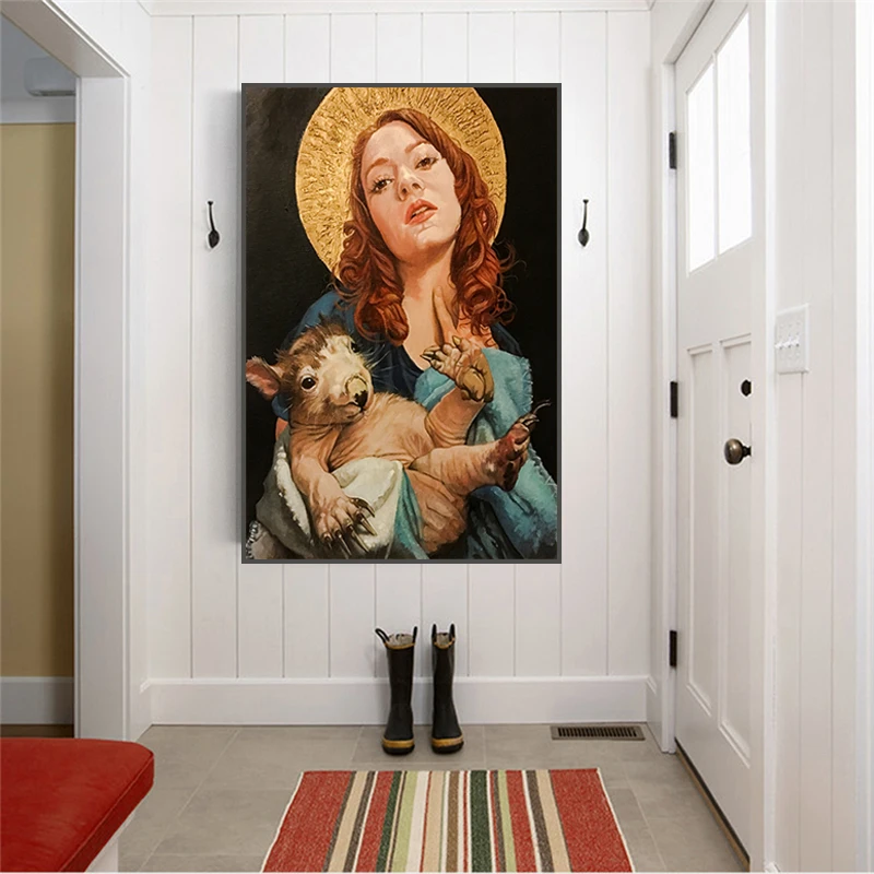 

Funny Women Hold Pig Oil Painting on Canvas Vintage Figure Poster and Print Picture Home Wall Art Decoration Nordic Living Room