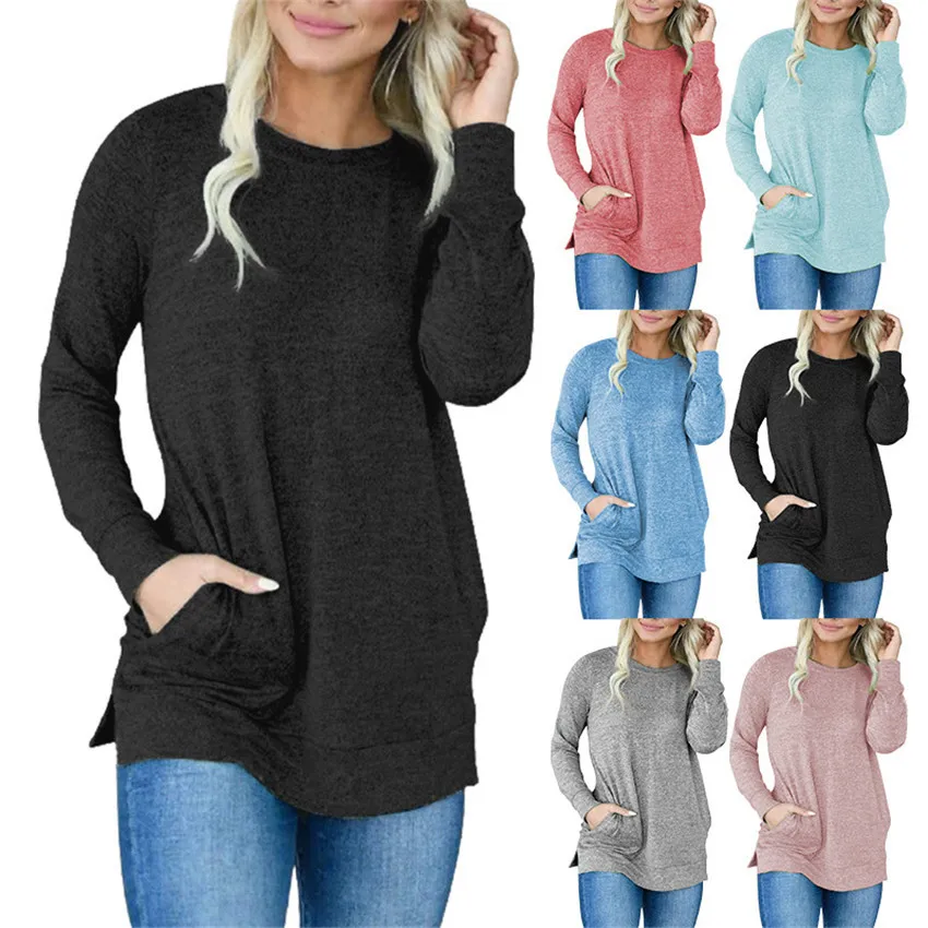

2021 Women's Pocket Sweatshirt Solid Color Long Sleeve Loose round Neck Slit Hemline at Hem Sweaters Women's Clothing