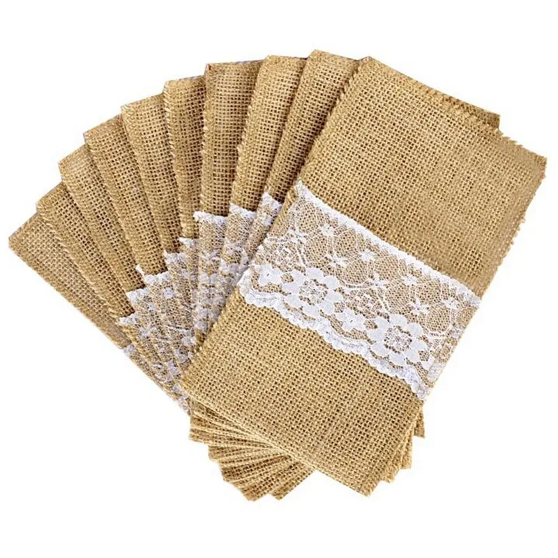 

10pcs Natural Burlap Lace Utensil Cutlery Holders Pouch Bags Knifes Forks Napkin Silverware Holder Bag for Wedding Party Decor